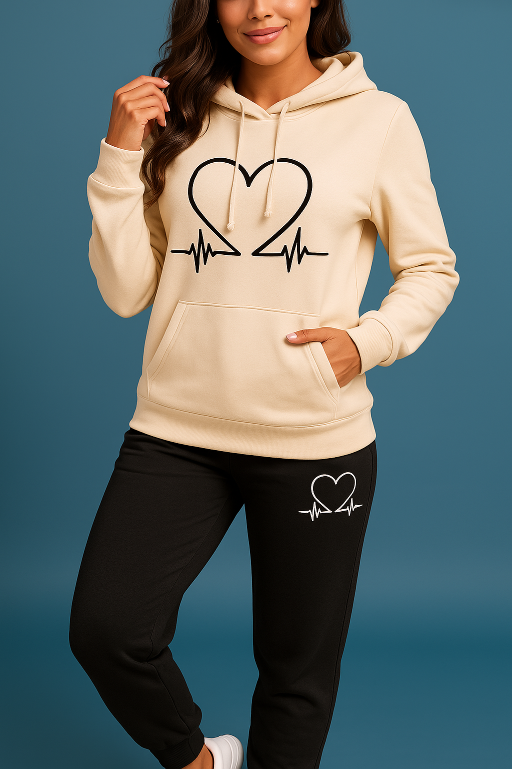 Conjunto de Moletom Feminino Eliza com Estampa de Batimento Cardíaco – Conforto em Fleece Macio