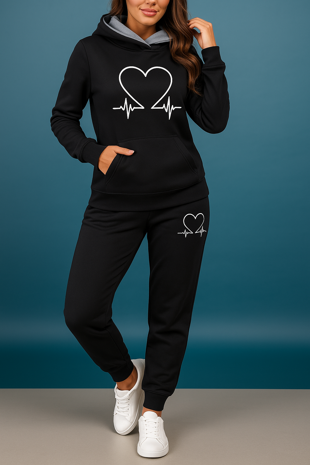 Conjunto de Moletom Feminino Eliza com Estampa de Batimento Cardíaco – Conforto em Fleece Macio