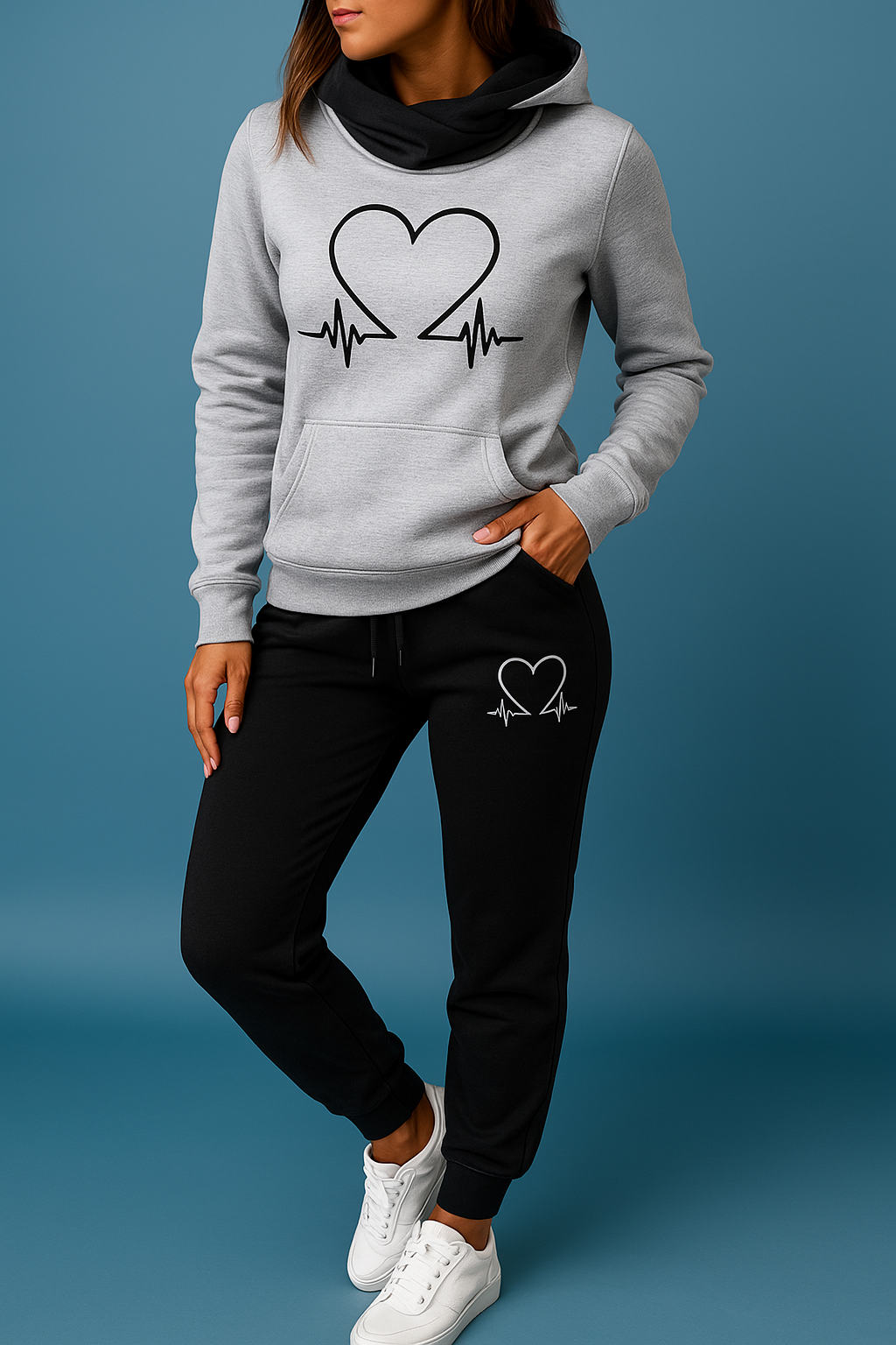 Conjunto de Moletom Feminino Eliza com Estampa de Batimento Cardíaco – Conforto em Fleece Macio