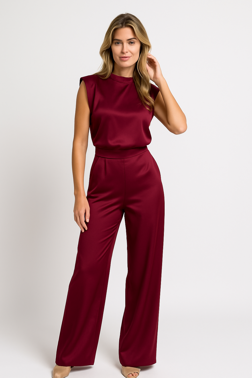 Catharina | Kvinders Jumpsuit – Luksus Satinlook, Ærmeløs, Vide Ben, Åben Ryg