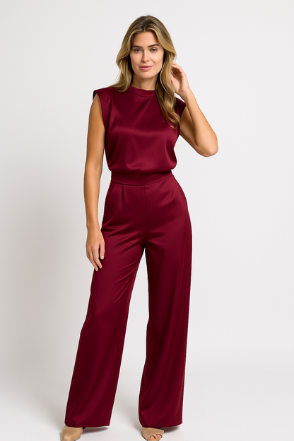Catharina | Kvinders Jumpsuit – Luksus Satinlook, Ærmeløs, Vide Ben, Åben Ryg