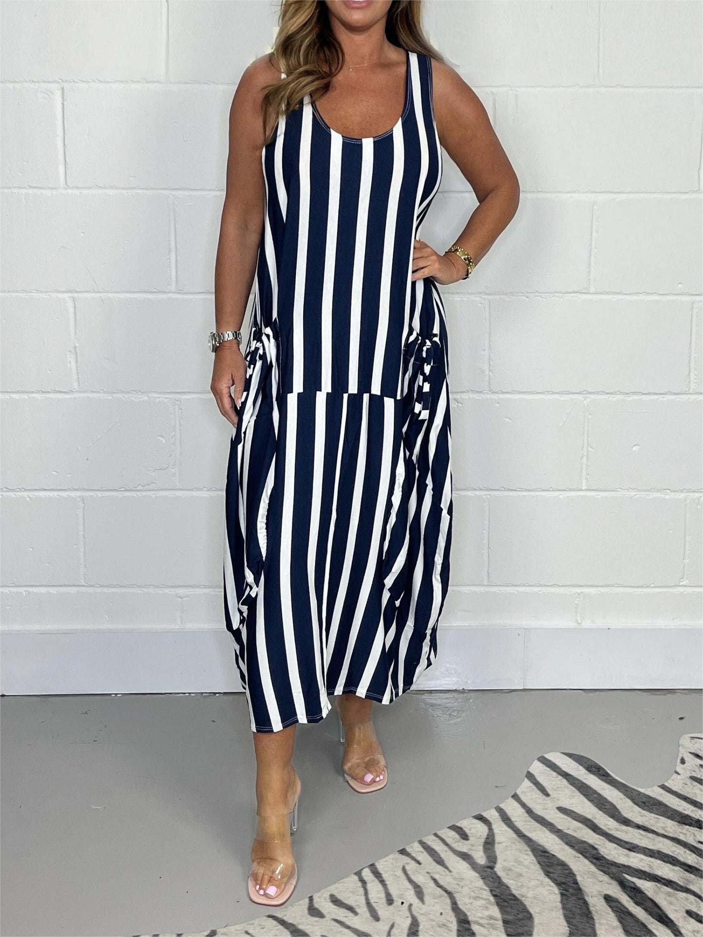 Stribet Oversize Slipslomme Kjole