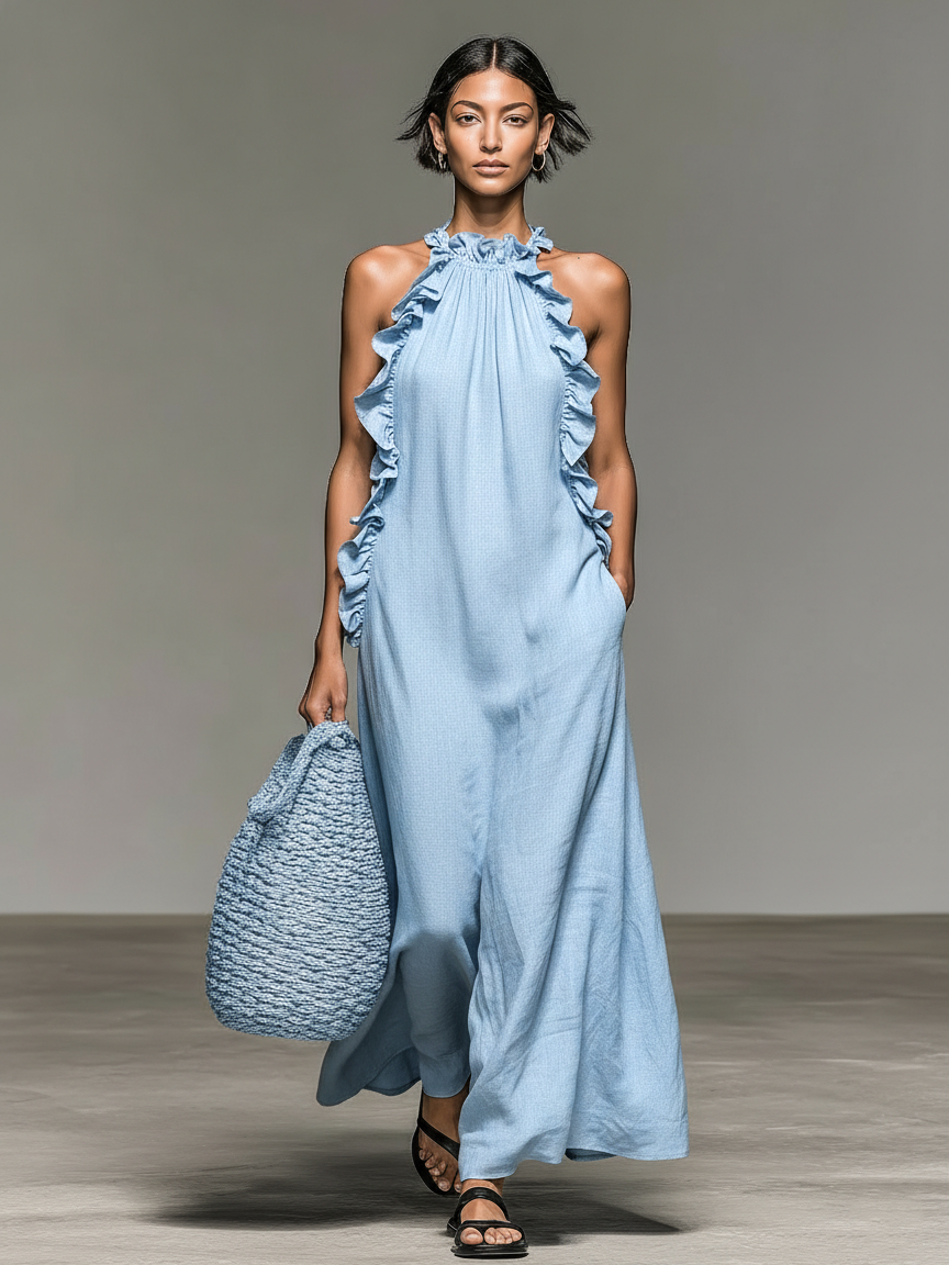 Vestido Longo Feminino Minimalista Sem Mangas em Mistura de Linho com Detalhes de Babados MDZ1622A0Y
