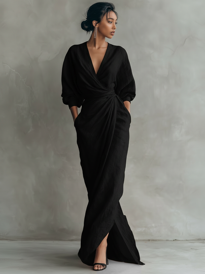 Women's Minimalist V-neck Linen Blend Maxi Dress