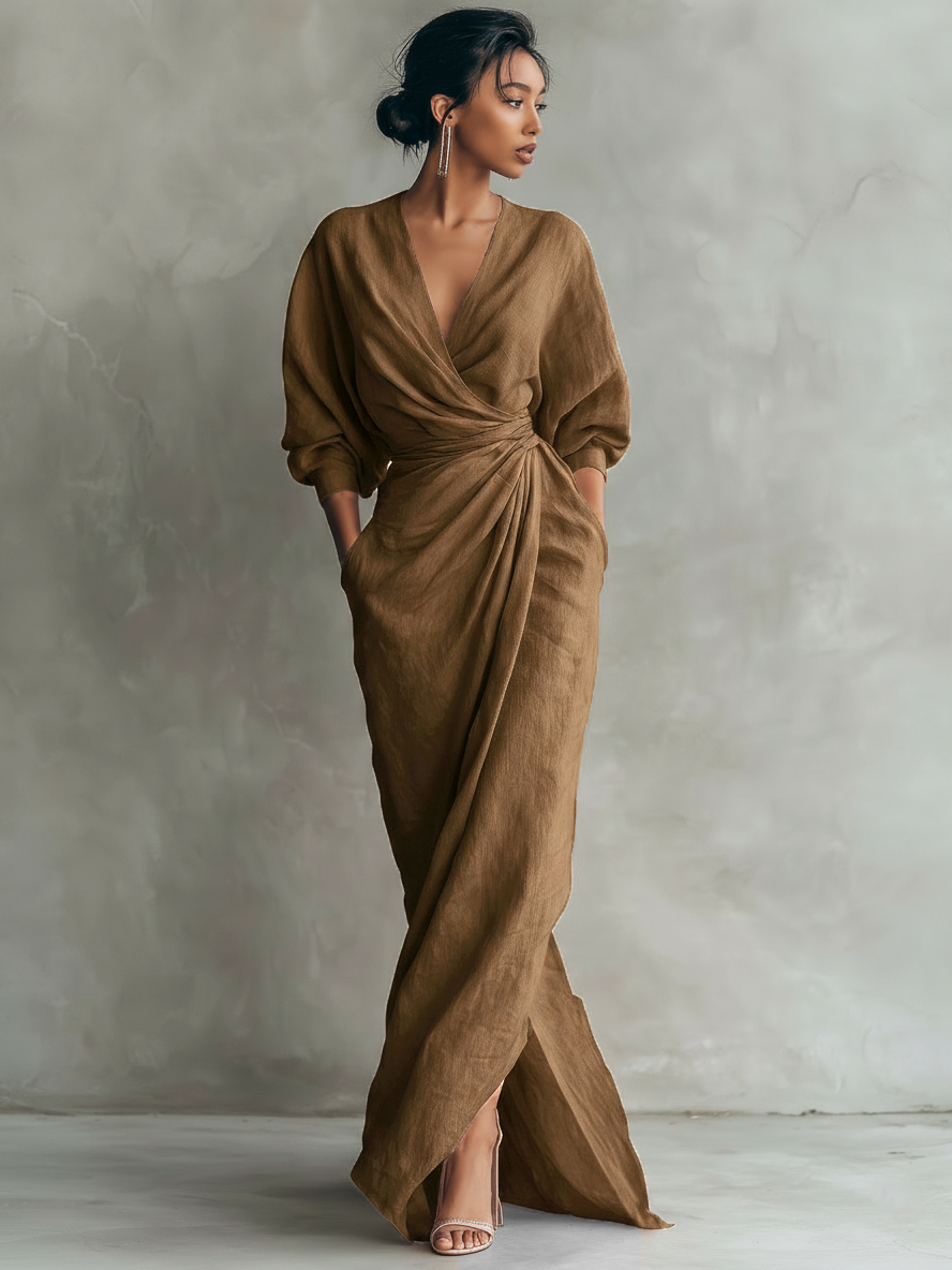 Women's Minimalist V-neck Linen Blend Maxi Dress