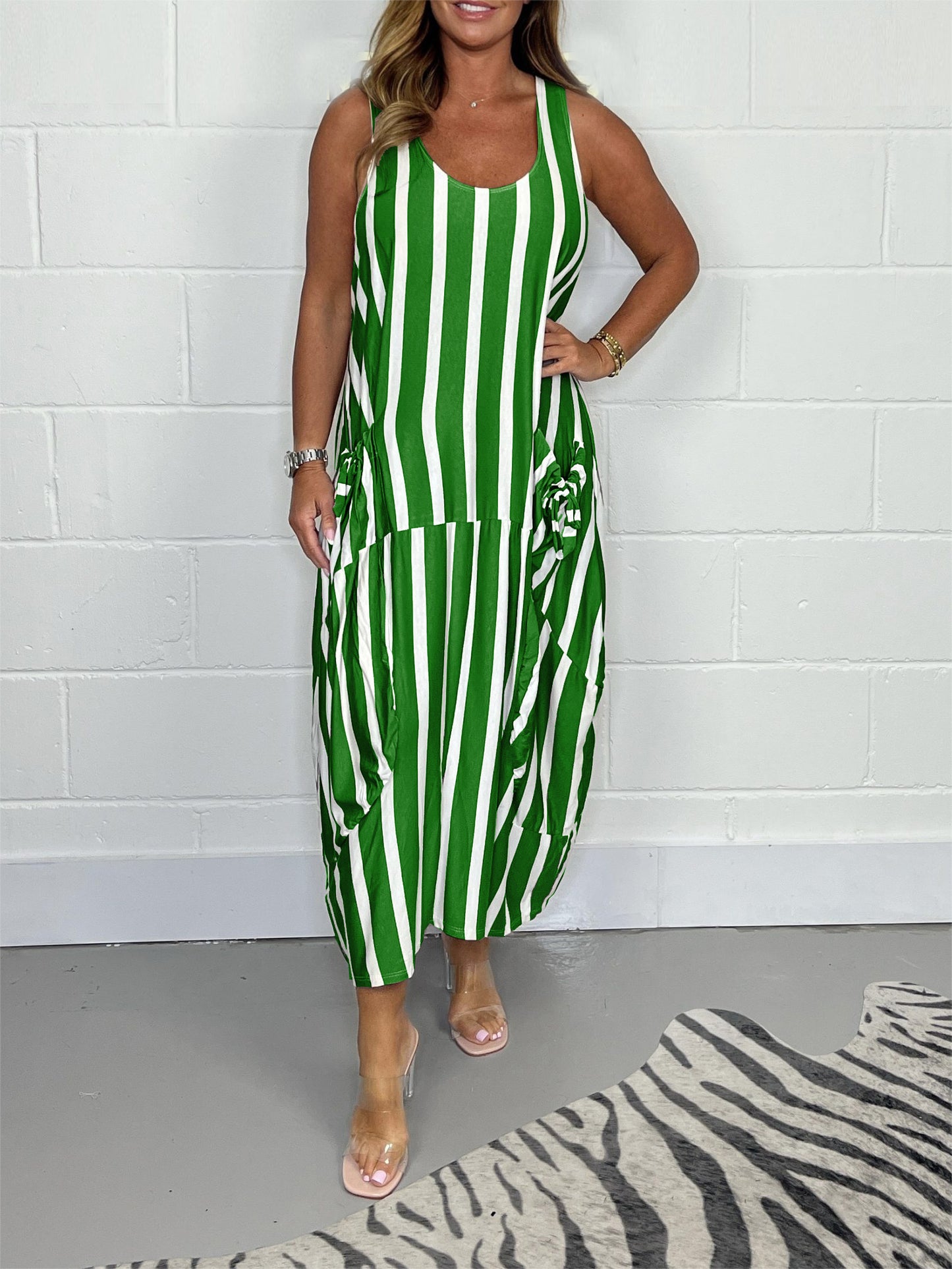 Stribet Oversize Slipslomme Kjole