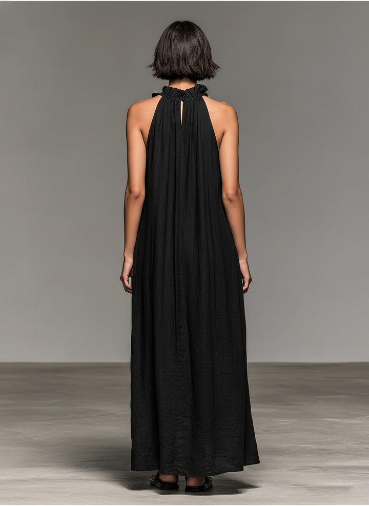Vestido Longo Feminino Minimalista Sem Mangas em Mistura de Linho com Detalhes de Babados MDZ1622A0Y