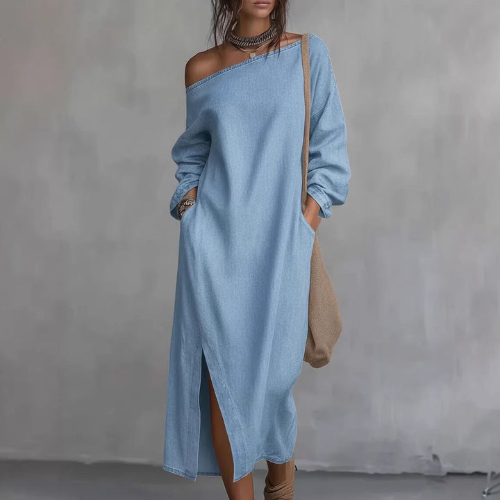Vestido Midi de Algodão e Linho com Ombro Único, Corte Solto e Fenda na Barra