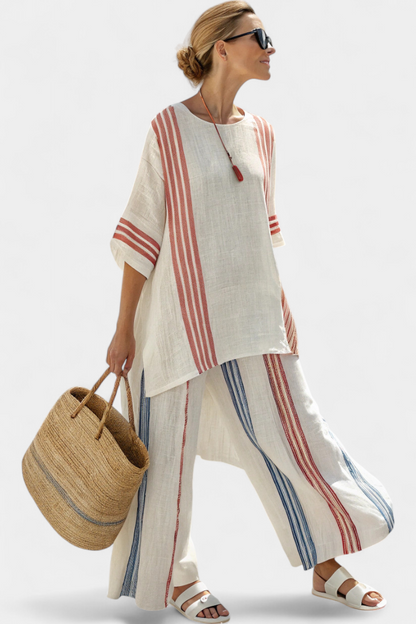Solvane | Blusa Listrada Multicolor Sofisticada & Calças Mediterrâneas