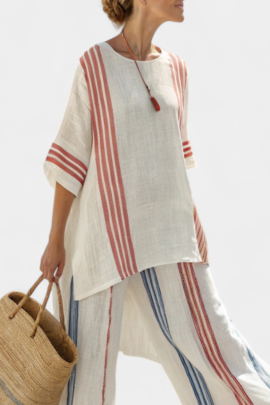Solvane | Blusa Listrada Multicolor Sofisticada & Calças Mediterrâneas