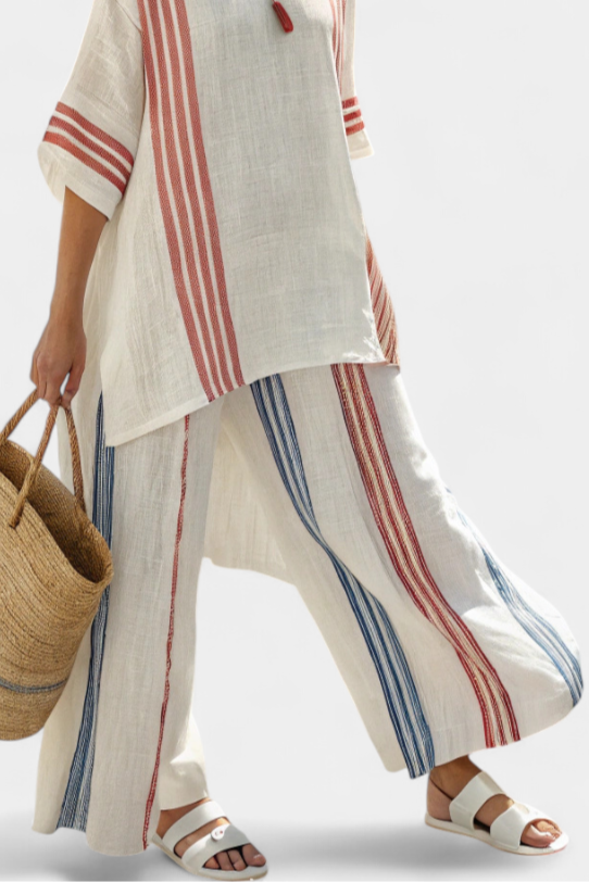 Solvane | Blusa Listrada Multicolor Sofisticada & Calças Mediterrâneas