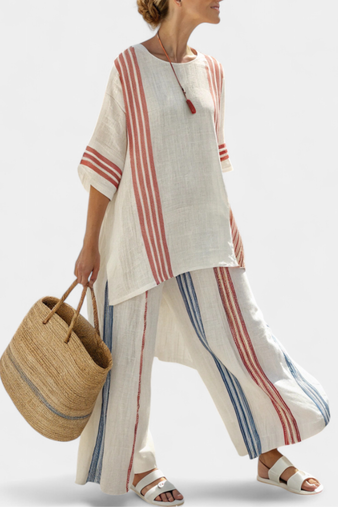 Solvane | Blusa Listrada Multicolor Sofisticada & Calças Mediterrâneas
