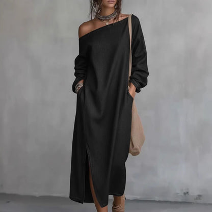 Loose-fitting One Shoulder Split Hem Cotton Linen Midi Dress
