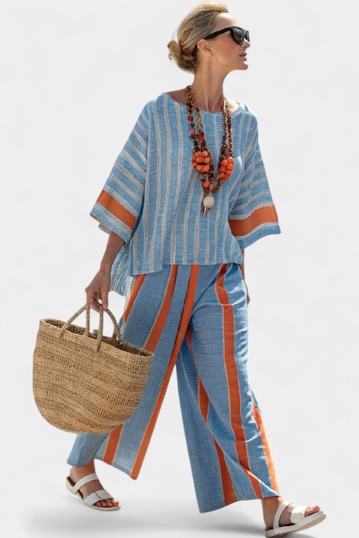 Velmere | Blusa Listrada Terracota Sofisticada & Calça de Linho