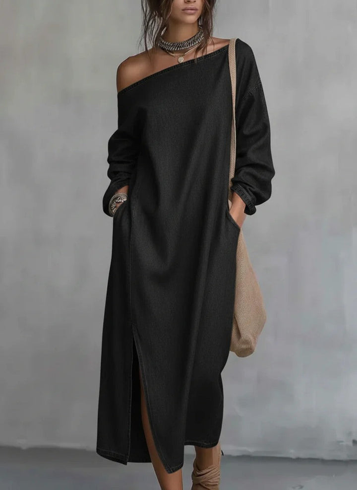Vestido Midi de Algodão e Linho com Ombro Único, Corte Solto e Fenda na Barra