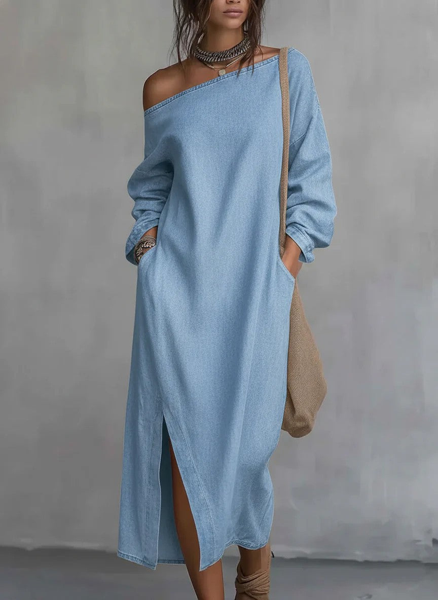 Vestido Midi de Algodão e Linho com Ombro Único, Corte Solto e Fenda na Barra