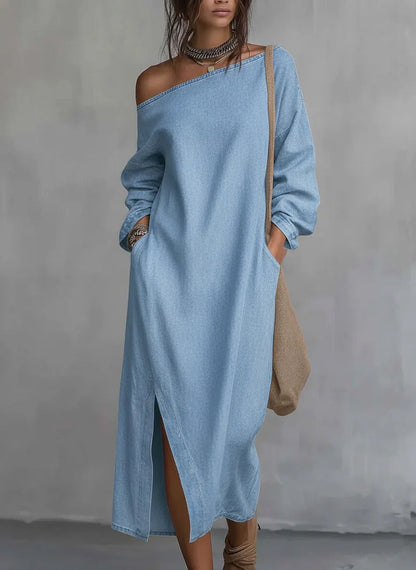 Loose-fitting One Shoulder Split Hem Cotton Linen Midi Dress