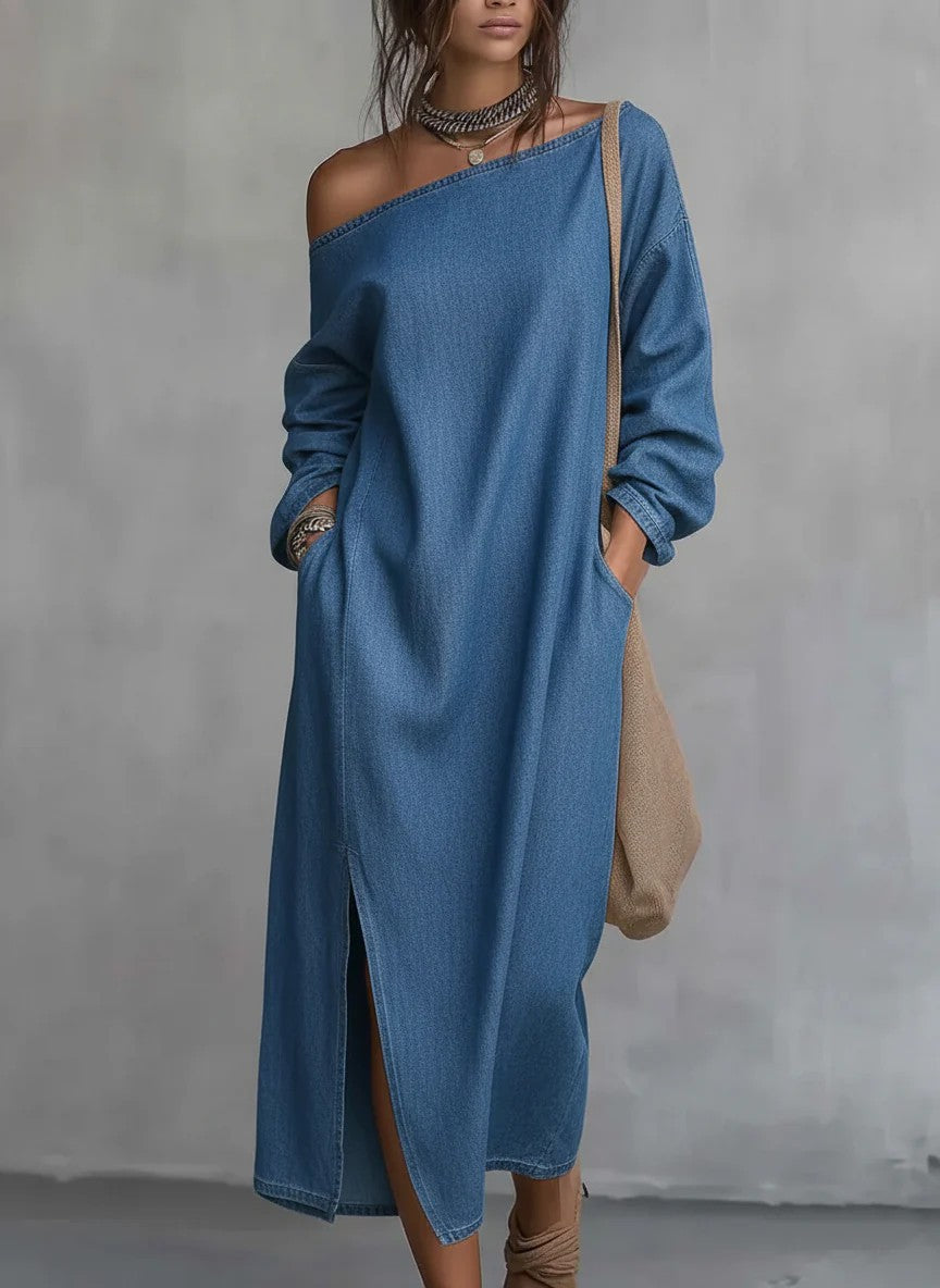 Vestido Midi de Algodão e Linho com Ombro Único, Corte Solto e Fenda na Barra