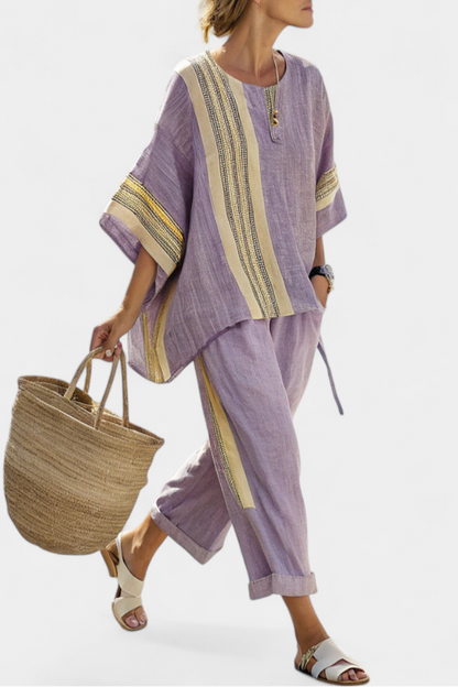 Elowric | Elegant lavendel top og sennepsstribede bukser