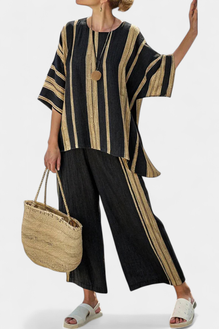 Calden | Komfortabel oversized stribet top & afslappede linnedbukser