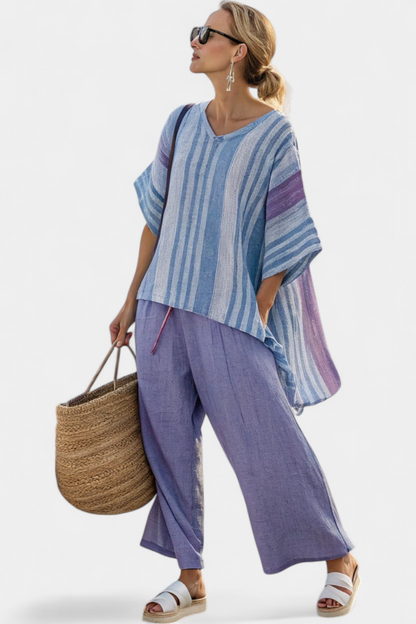 Zellora | Elegant lavendel- og himmelblå top og linnedbukser