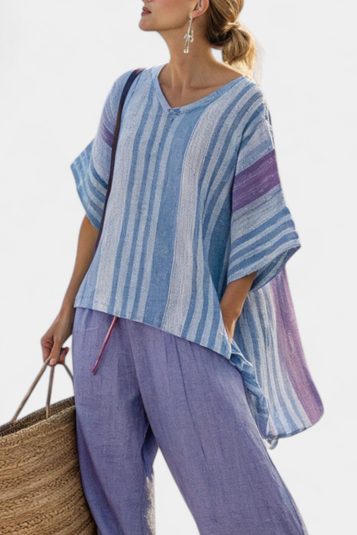 Zellora | Elegant lavendel- og himmelblå top og linnedbukser