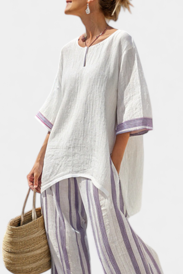 Luxmere | Blusa Confortável e Solta & Calças Listradas de Bambu