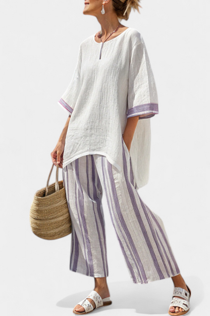 Luxmere | Blusa Confortável e Solta & Calças Listradas de Bambu
