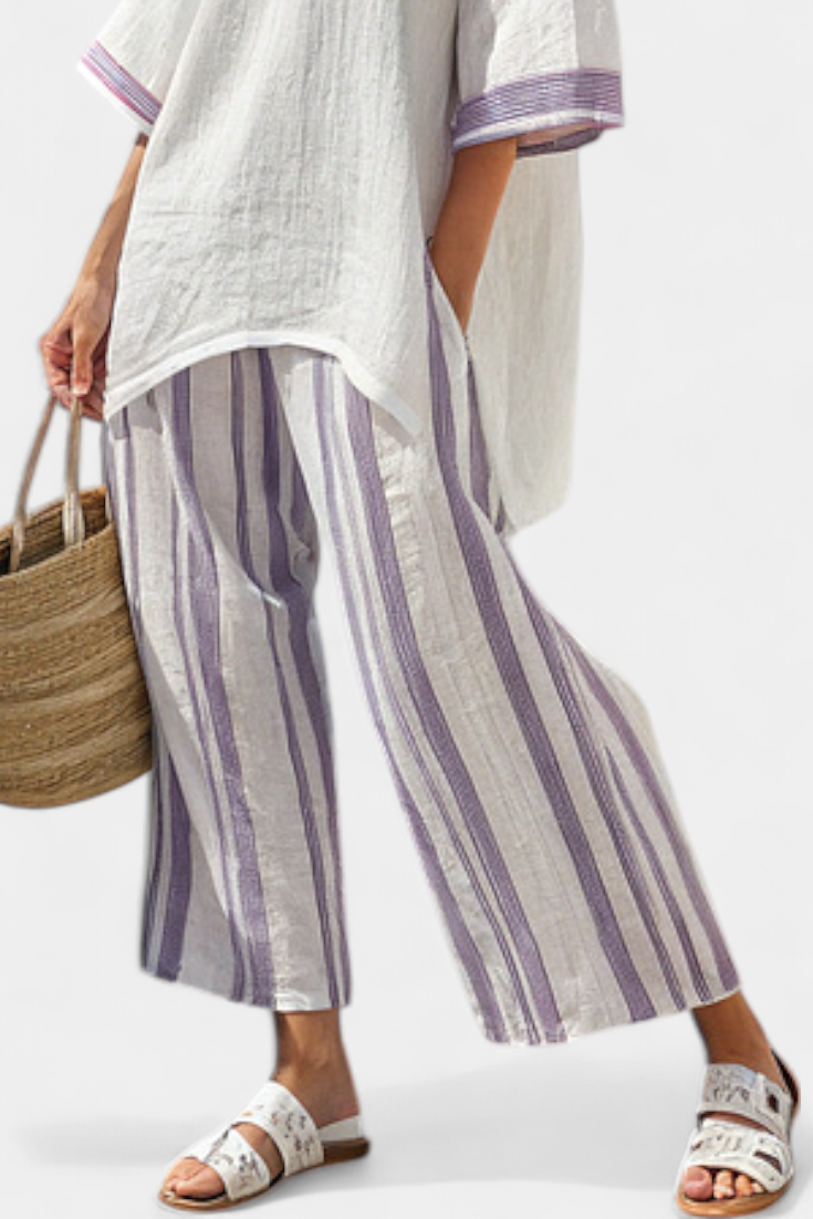 Luxmere | Blusa Confortável e Solta & Calças Listradas de Bambu