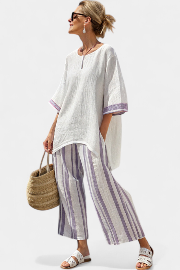Luxmere | Blusa Confortável e Solta & Calças Listradas de Bambu