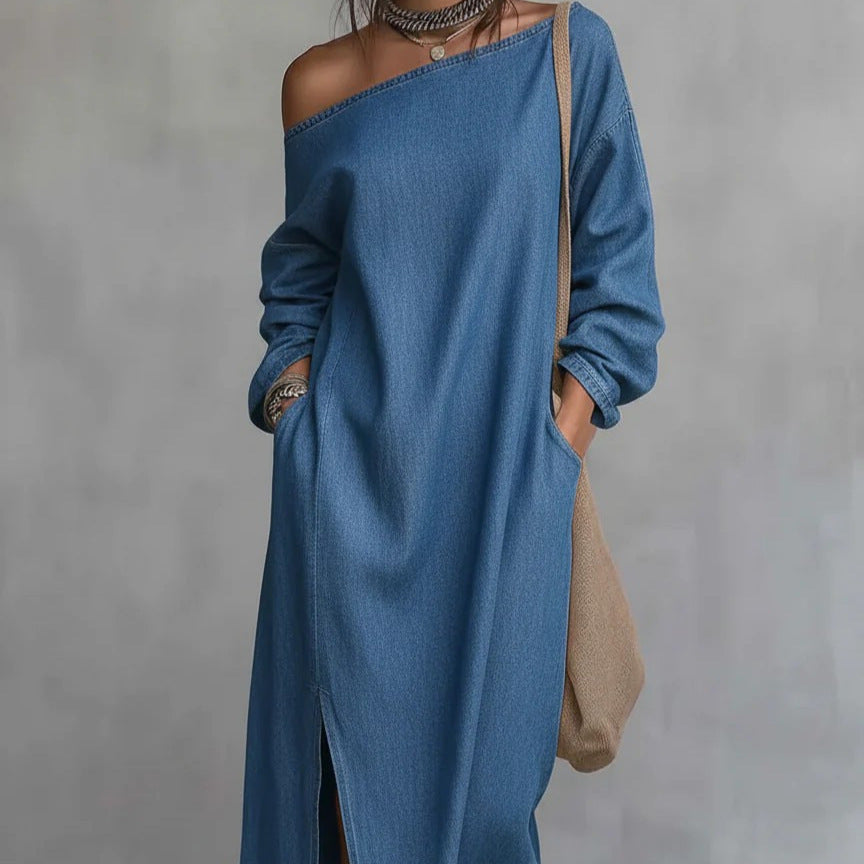 Vestido Midi de Algodão e Linho com Ombro Único, Corte Solto e Fenda na Barra