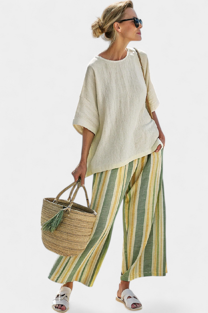 Ellowyn | Blusa Sofisticada e Calça de Linho Listrada