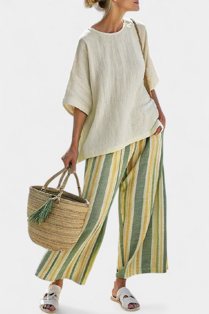 Ellowyn | Blusa Sofisticada e Calça de Linho Listrada