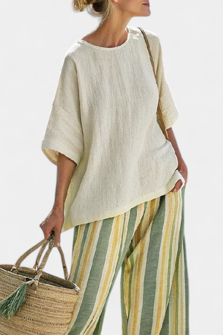 Ellowyn | Blusa Sofisticada e Calça de Linho Listrada