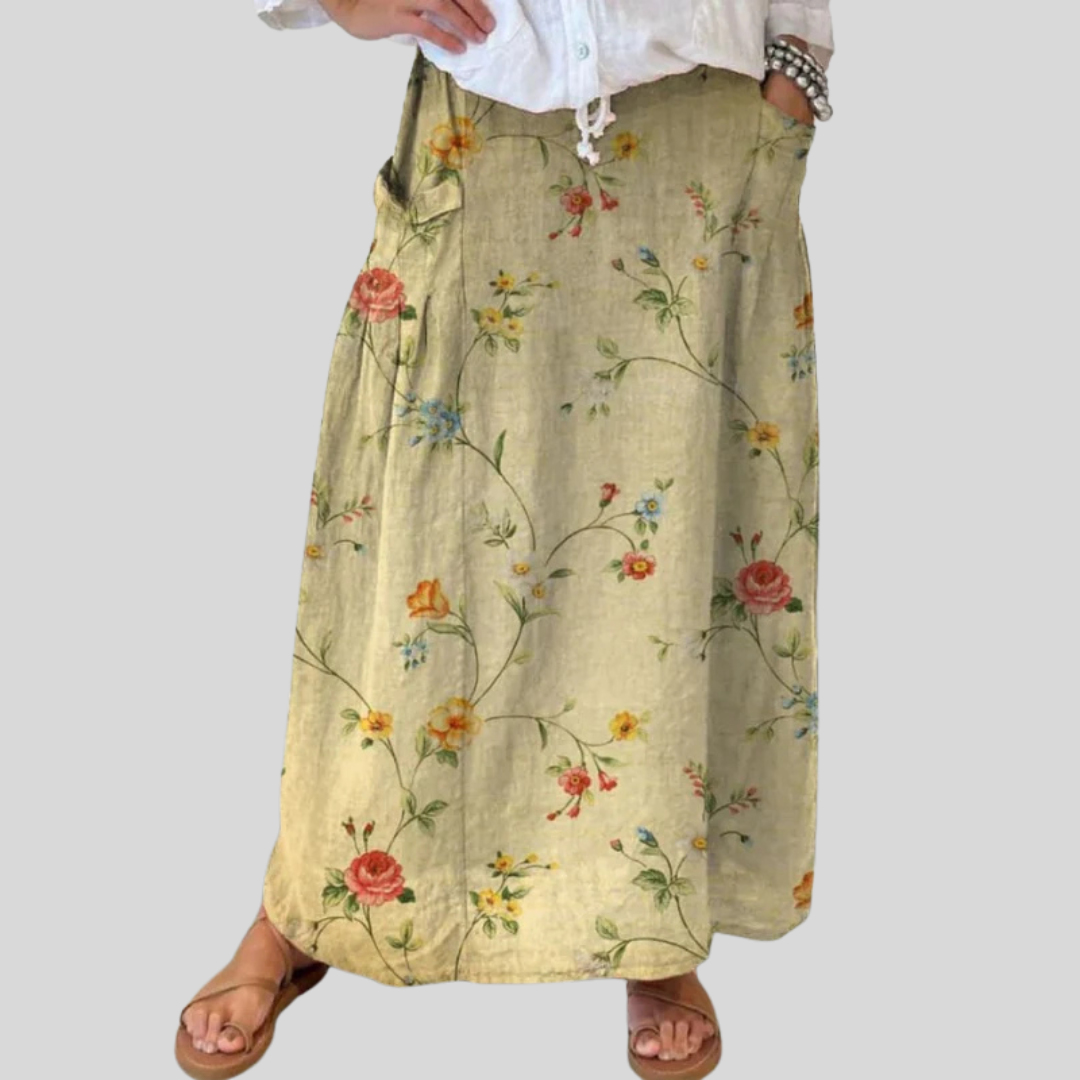 Mella | Retro elegant blomsterkunst nederdel med elastik i taljen og lommer