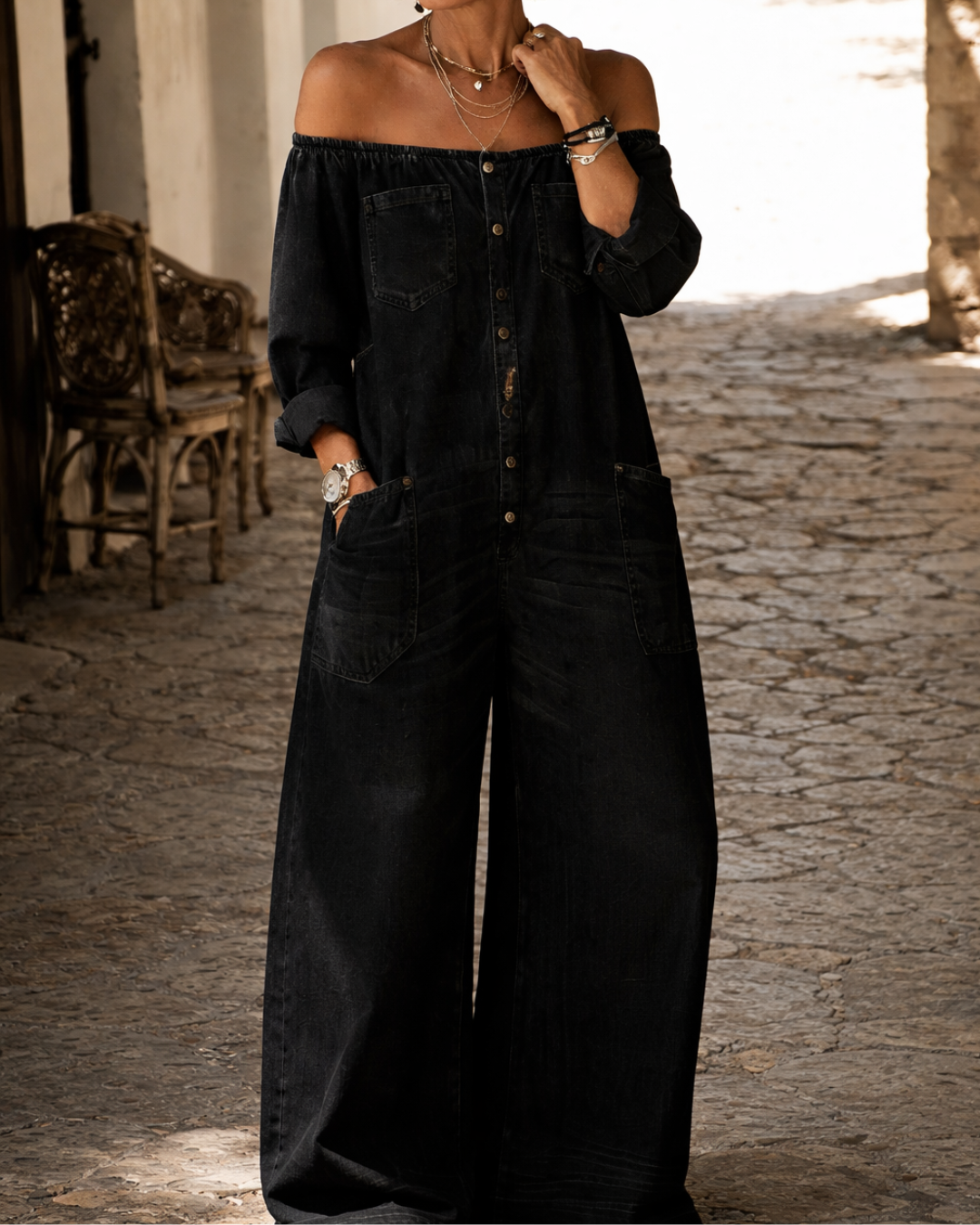 Elio - Jeans Jumpsuit med off-shoulder halsudskæring