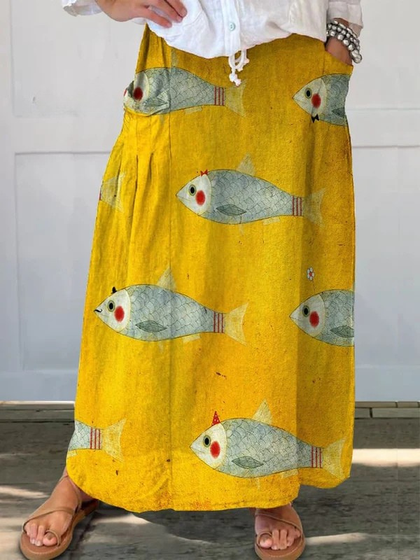 Elli | Saia Bolsinho com Estampa Vintage de Peixe