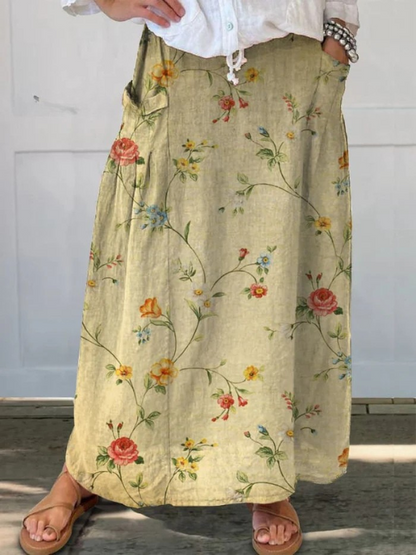 Mella | Retro elegant blomsterkunst nederdel med elastik i taljen og lommer