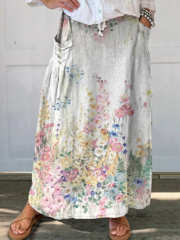Mella | Retro elegant blomsterkunst nederdel med elastik i taljen og lommer