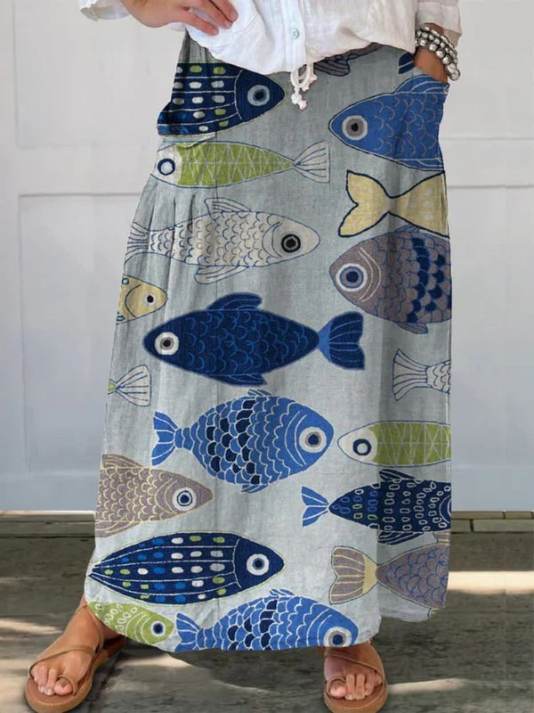 Trisia | Vintage Dejligt Fiskekunsttryk Lomme Nederdel
