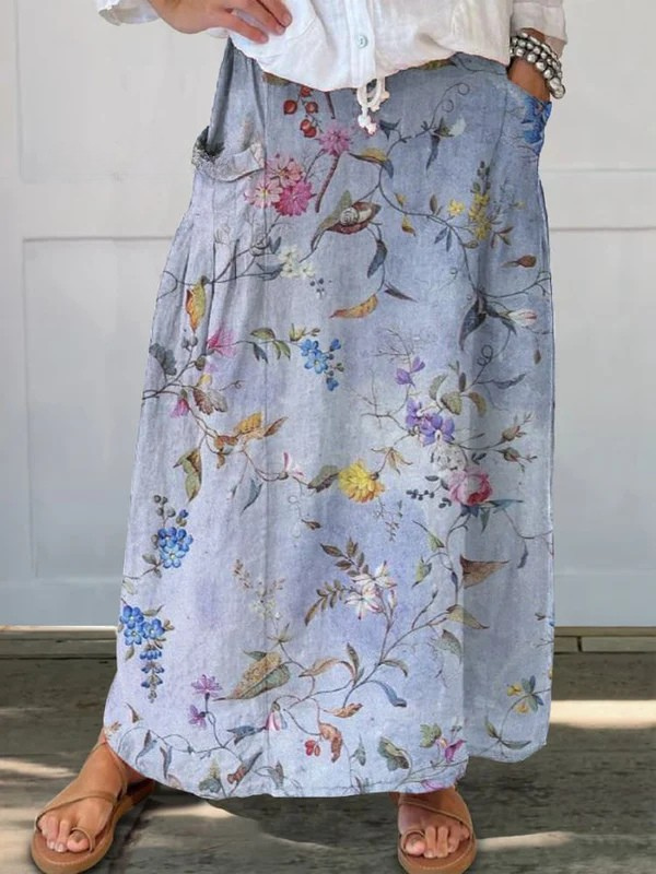 Jeda | Saia de Bolso Estampada Azul Vintage Elegante