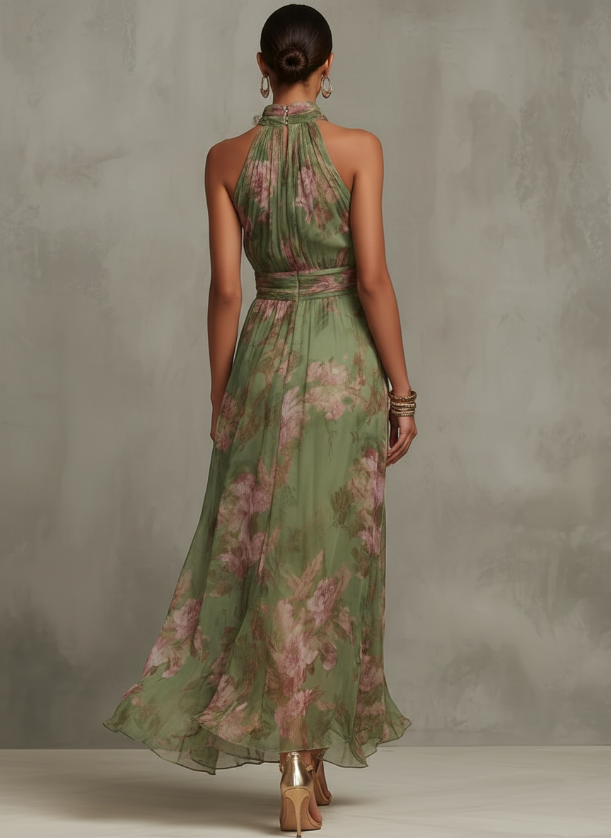 Florence | Vestido Longo Halter de Chiffon Floral Verde