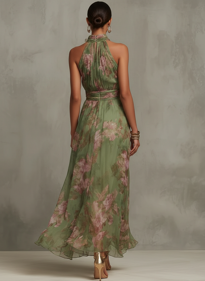 Florence | Vestido Longo Halter de Chiffon Floral Verde