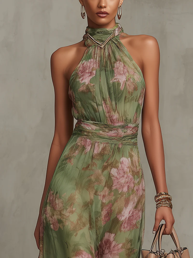 Florence | Vestido Longo Halter de Chiffon Floral Verde