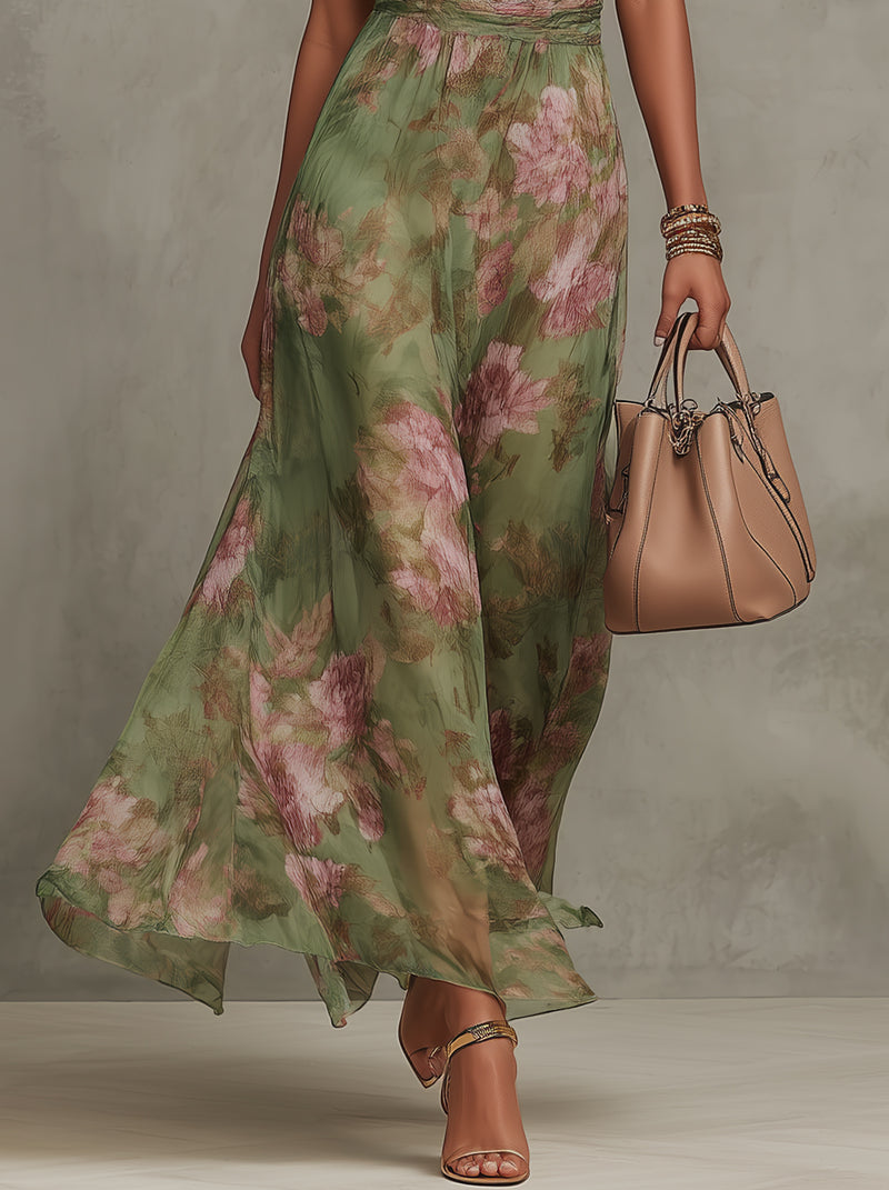 Florence | Vestido Longo Halter de Chiffon Floral Verde