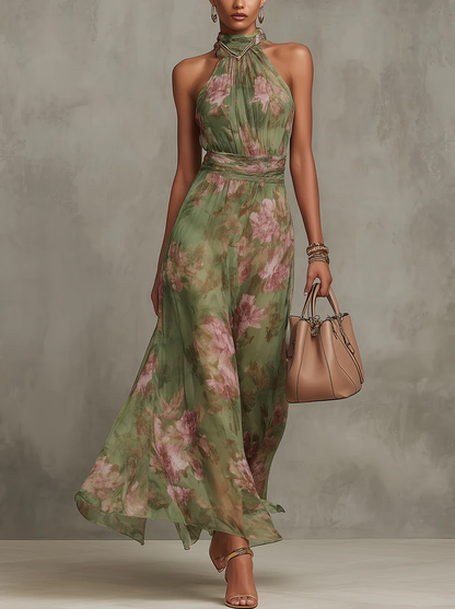 Florence | Vestido Longo Halter de Chiffon Floral Verde
