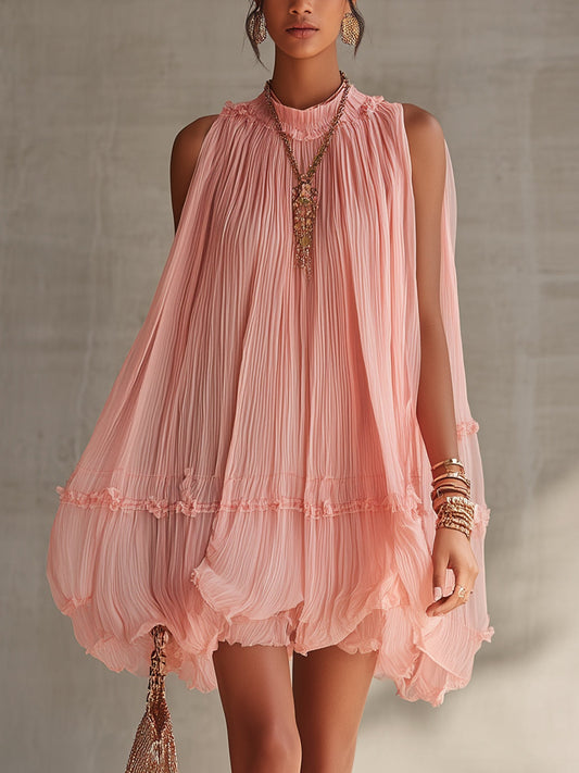 Vestido mini burbuja de gasa rosa con cuello halter y volantes