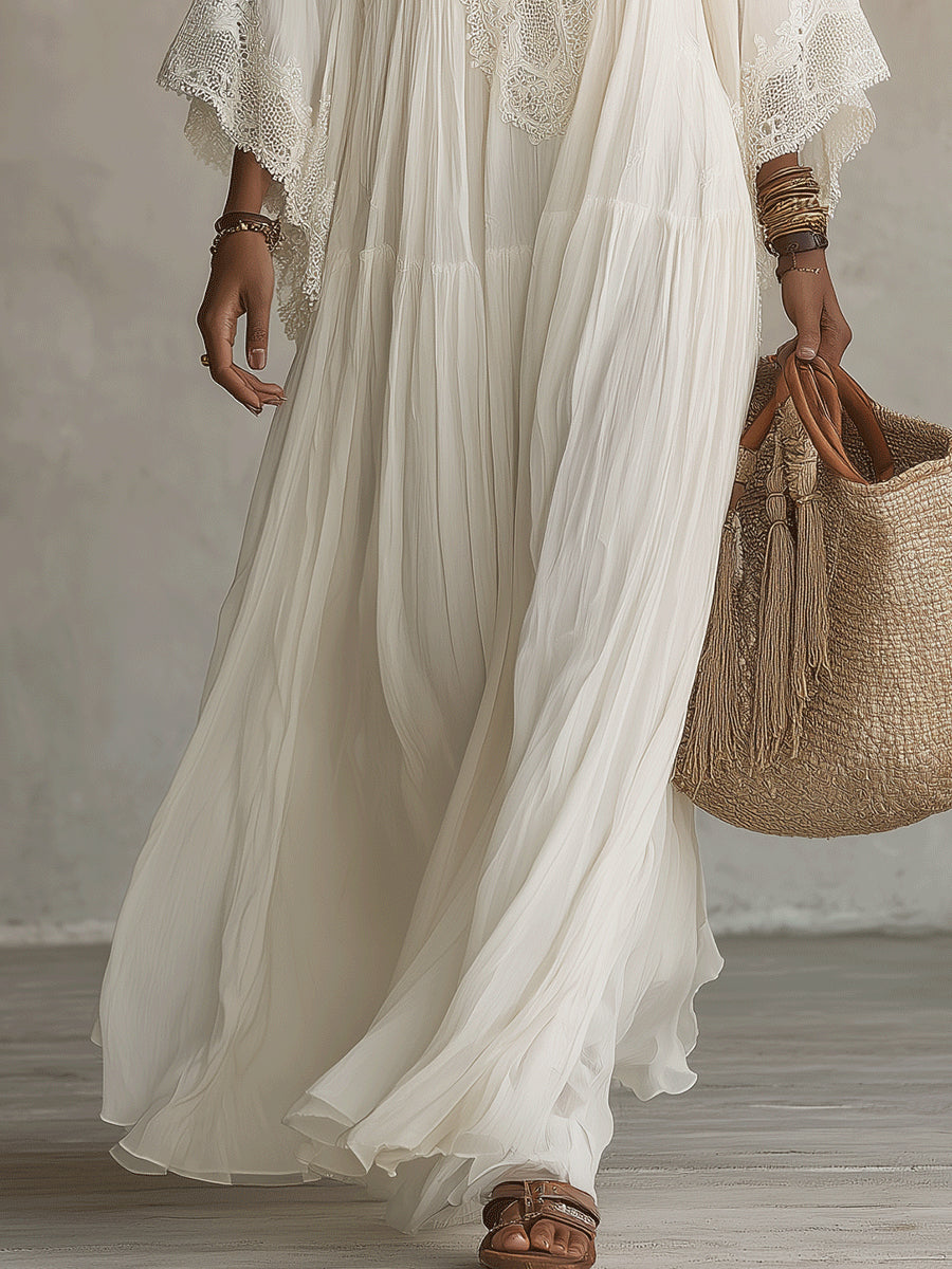 Hvid blonde V-hals batwing-ærme chiffon maxi-kjole