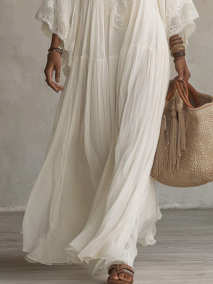 Hvid blonde V-hals batwing-ærme chiffon maxi-kjole