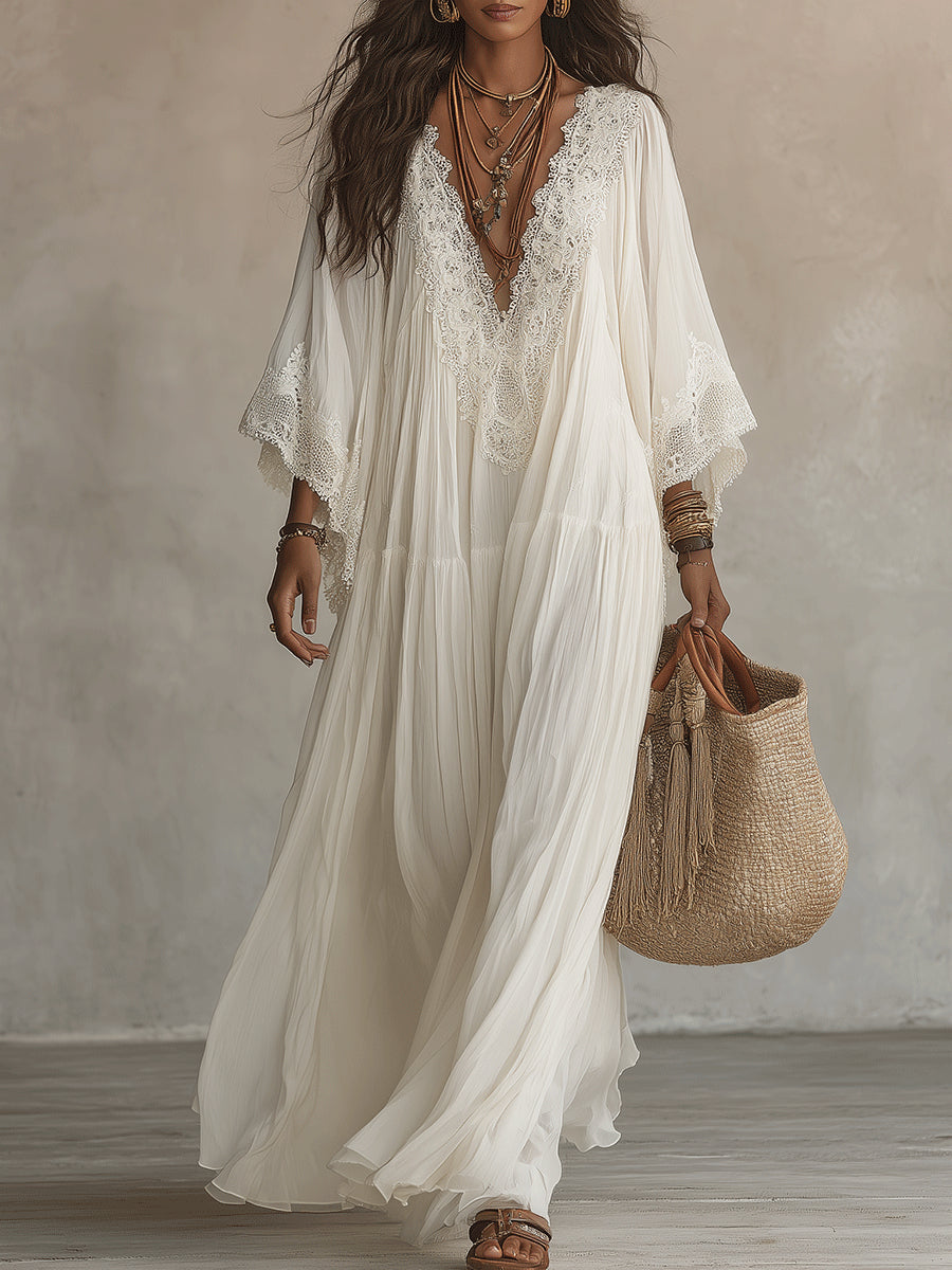 White Lace V-neck Batwing Sleeve Chiffon Maxi Dress
